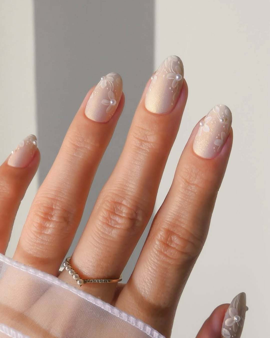 Pale Gold Oval with 3D Floral Pearls Pale Gold Oval with 3D Floral Pearls — Classy Pearl Nails