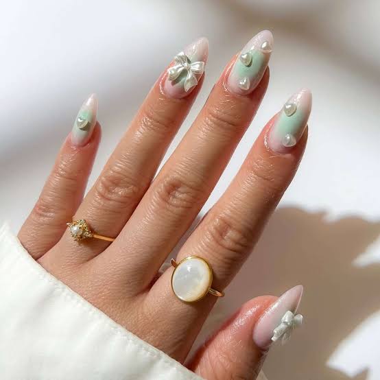 Long Almond Sheer Pink with Gold Heart Studs and Pearls Long Almond Sheer Pink with Gold Heart Studs and Pearls — Classy Pearl Nails
