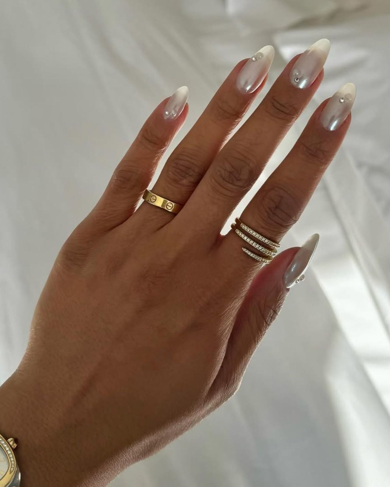 Long Almond Milky White with Pearl and Rhinestone Accents Long Almond Milky White with Pearl and Rhinestone Accents — Classy Pearl Nails