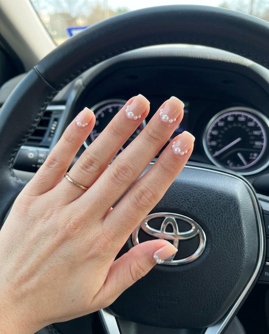 Sheer Pink French Tip with Pearl Accents Sheer Pink French Tip with Pearl Accents — Classy Pearl Nails