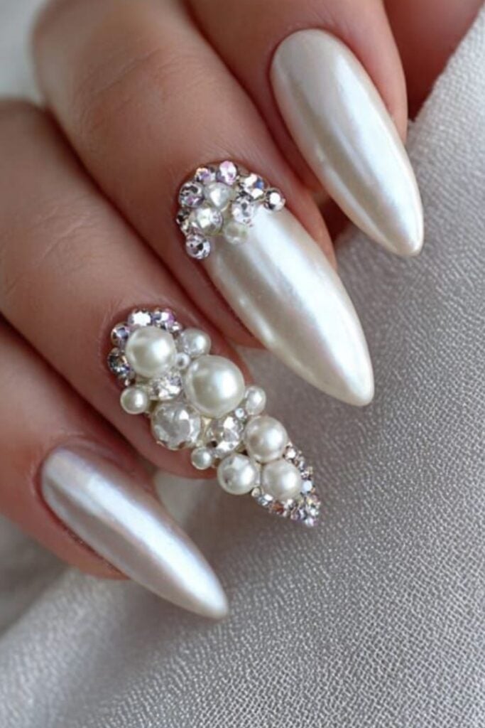 Long Almond Pale Pink Chrome Pearl Long Almond Pale Pink Chrome Pearl — Classy Pearl Nails