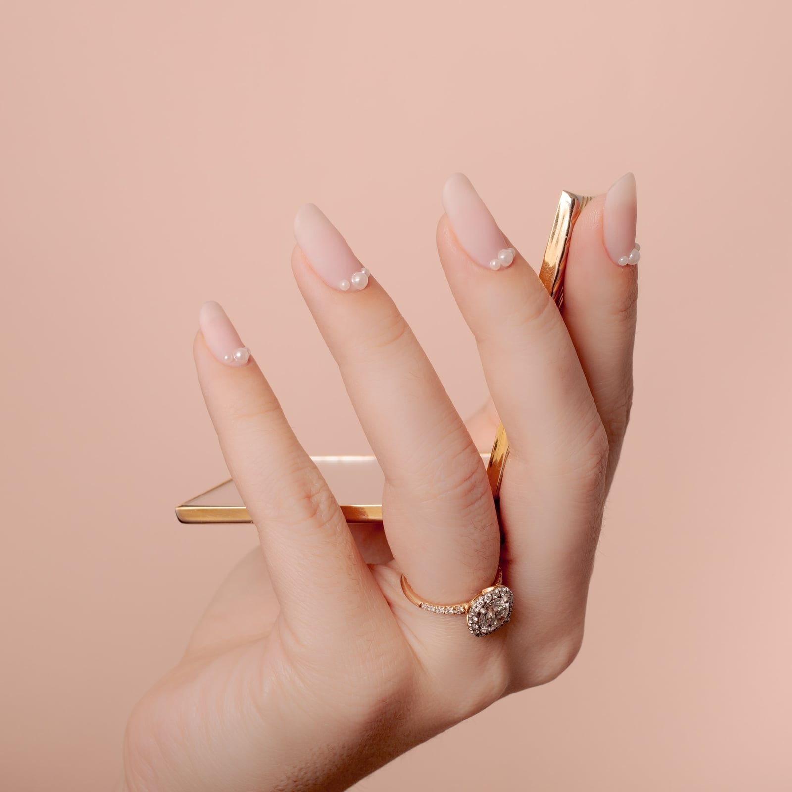 Nude Base with Pearls at Nail Base Nude Base with Pearls at Nail Base — Classy Pearl Nails