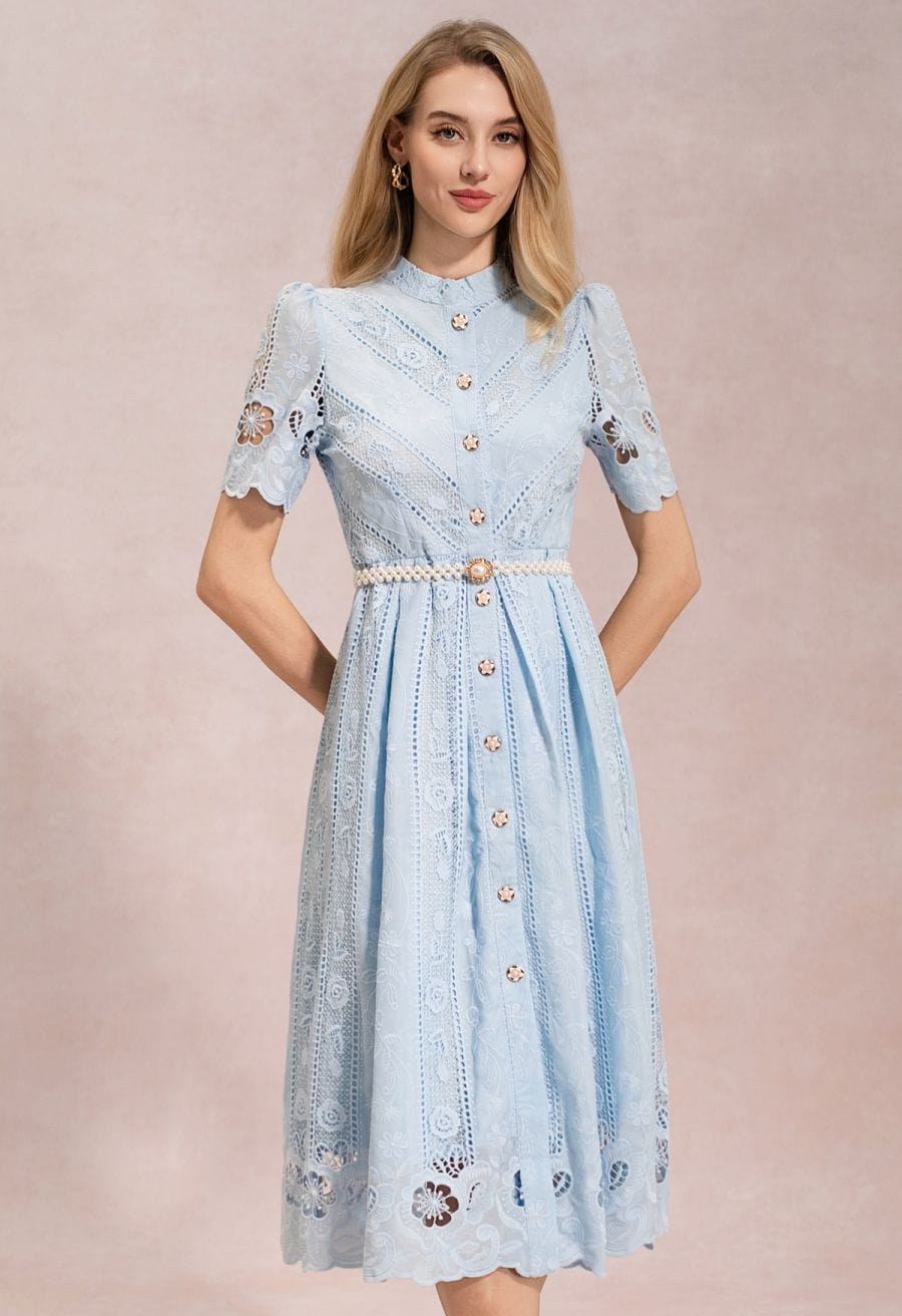 Blue Midi Dress with Pearl Button Belt Blue Midi Dress with Pearl Button Belt — Classy Pearl Outfits