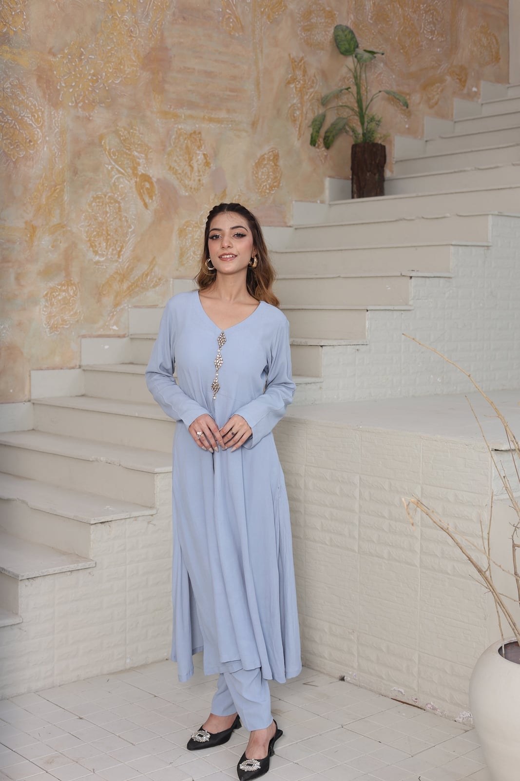 Light Blue Tunic with Embellished Buttons and Matching Pants Light Blue Tunic with Embellished Buttons and Matching Pants — Classy Pearl Outfits