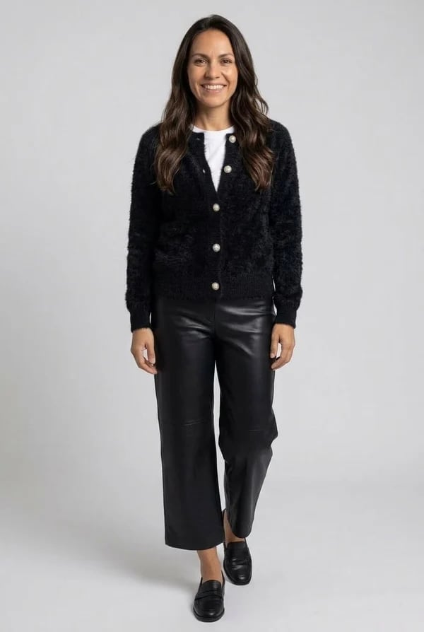 Black Fuzzy Cardigan with Pearl Buttons and Faux Leather Trousers Black Fuzzy Cardigan with Pearl Buttons and Faux Leather Trousers — Classy Pearl Outfits