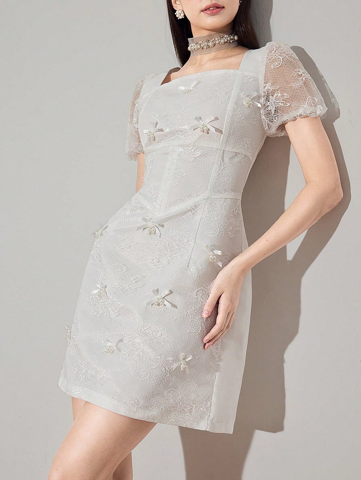 White Lace Mini Dress with Pearl Choker White Lace Mini Dress with Pearl Choker — Classy Pearl Outfits