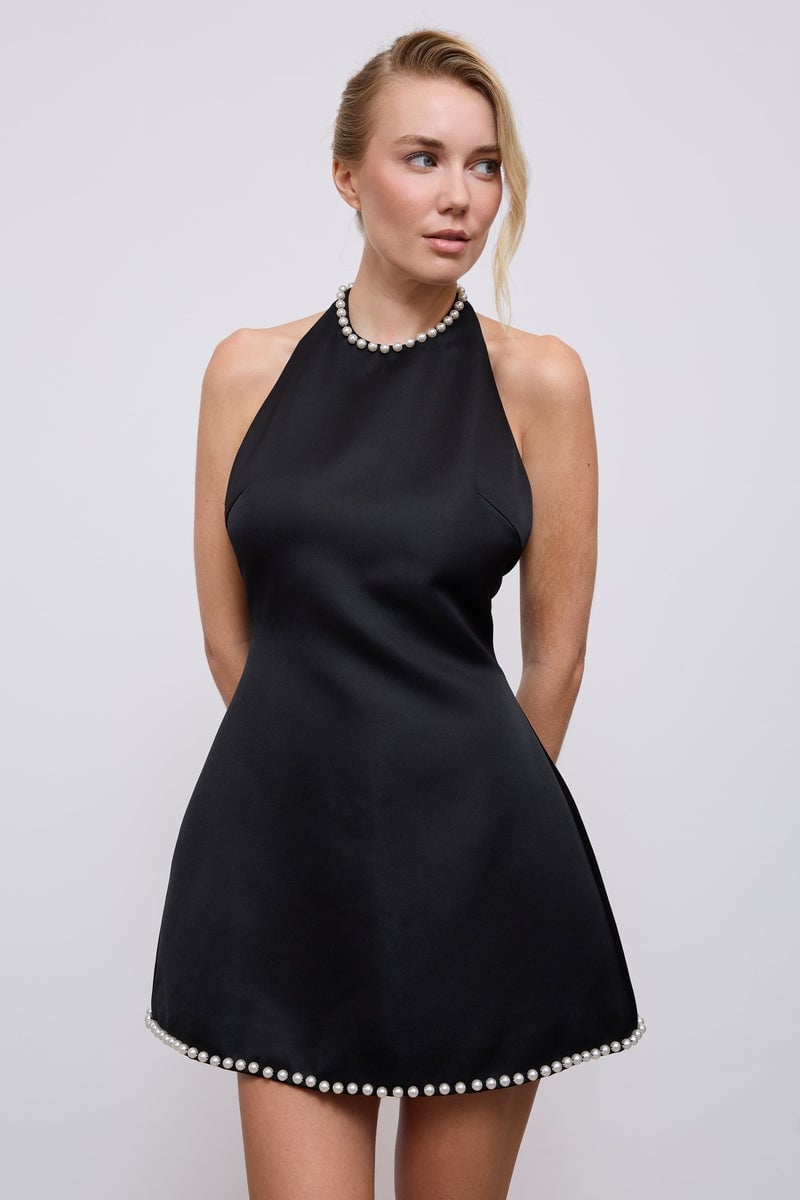 Black Halter Mini Dress with Pearl Trim Black Halter Mini Dress with Pearl Trim — Classy Pearl Outfits