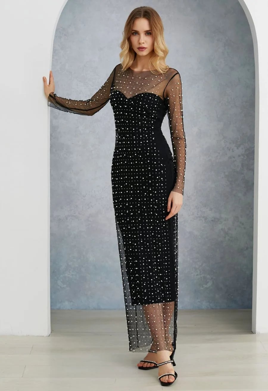 All-over Pearl Embellished Black Mesh Maxi Dress All-over Pearl Embellished Black Mesh Maxi Dress — Classy Pearl Outfits