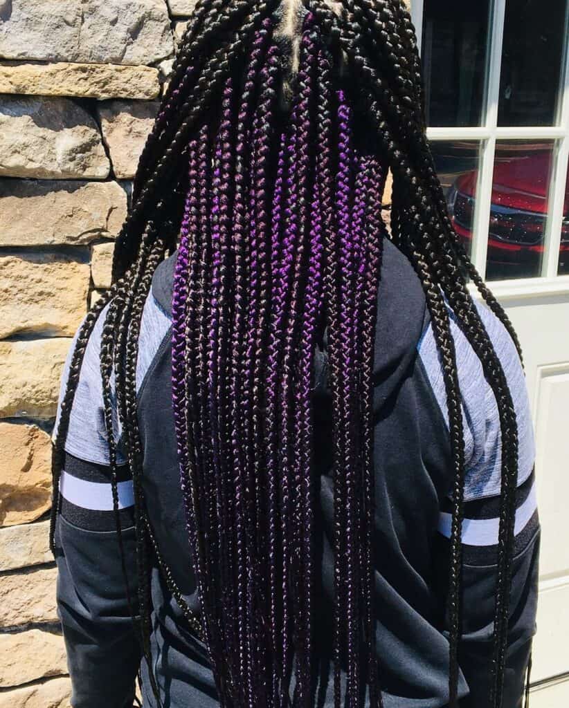 Black Box Braids With Purple Streaks, Mid-Back Black Box Braids With Purple Streaks, Mid-Back — Classy Peekaboo Braids