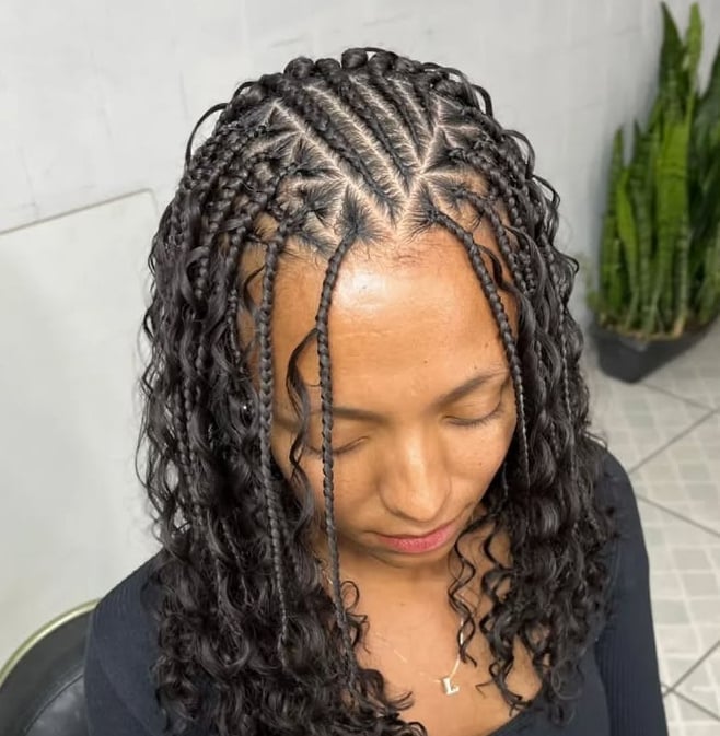 Wavy Black Box Braids With Curly Ends Wavy Black Box Braids With Curly Ends — Classy Peekaboo Braids