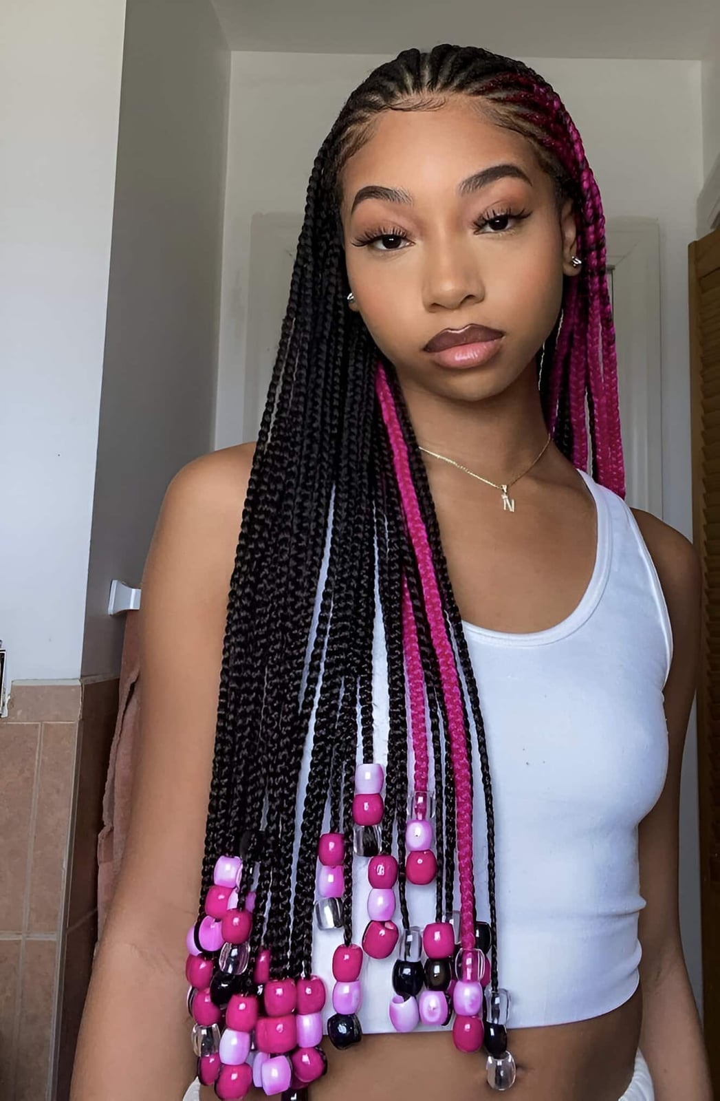 Black Box Braids With Pink Peekaboo And Beads, Straight Black Box Braids With Pink Peekaboo And Beads, Straight — Classy Peekaboo Braids