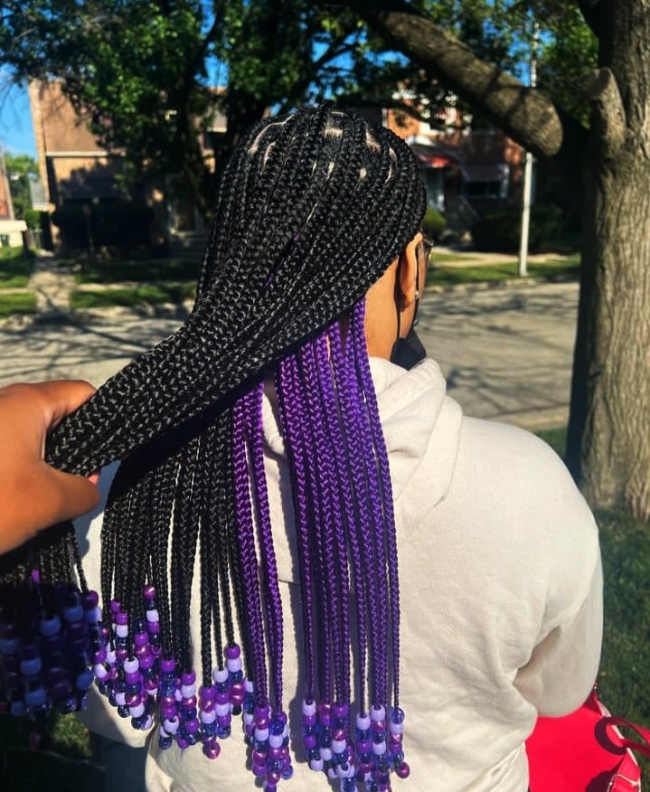 Black Box Braids With Purple Peekaboo Strands, Close-Up Take Black Box Braids With Purple Peekaboo Strands, Close-Up Take — Classy Peekaboo Braids