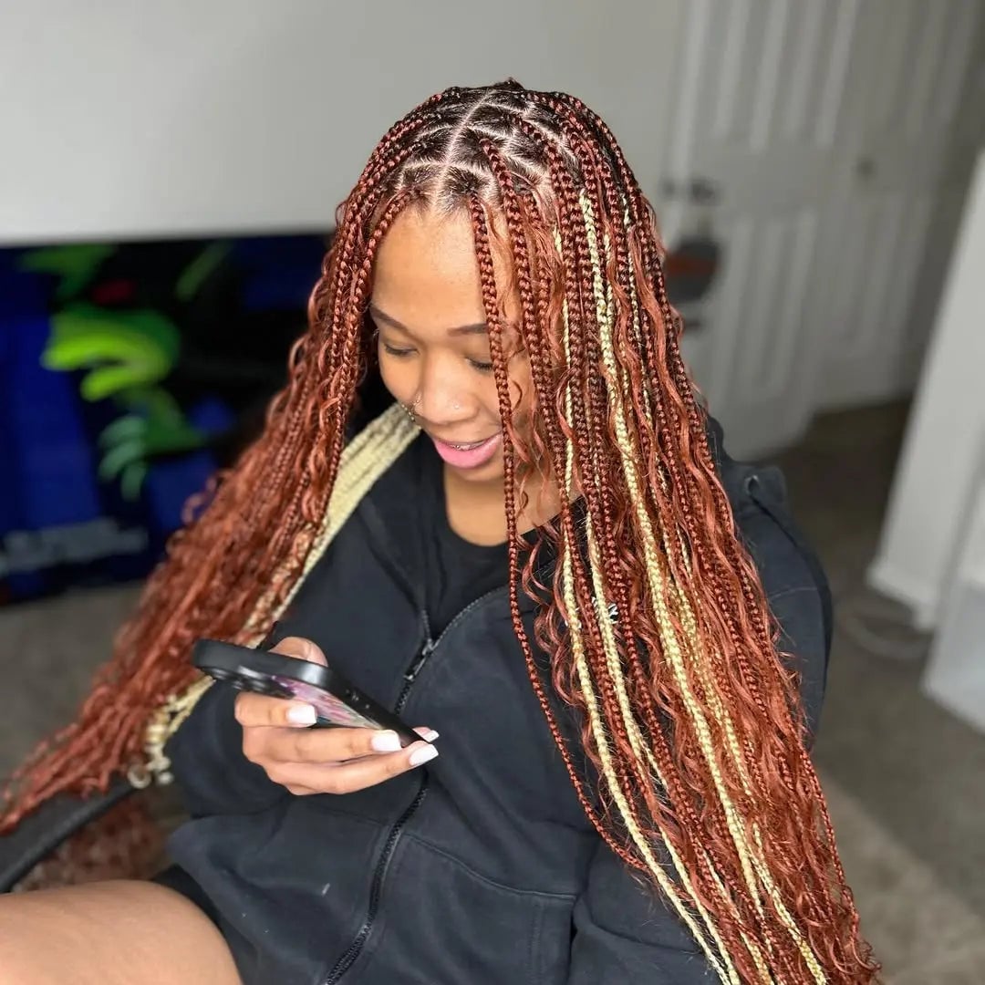 Long Auburn Braids With Blonde Waves Long Auburn Braids With Blonde Waves — Classy Peekaboo Braids