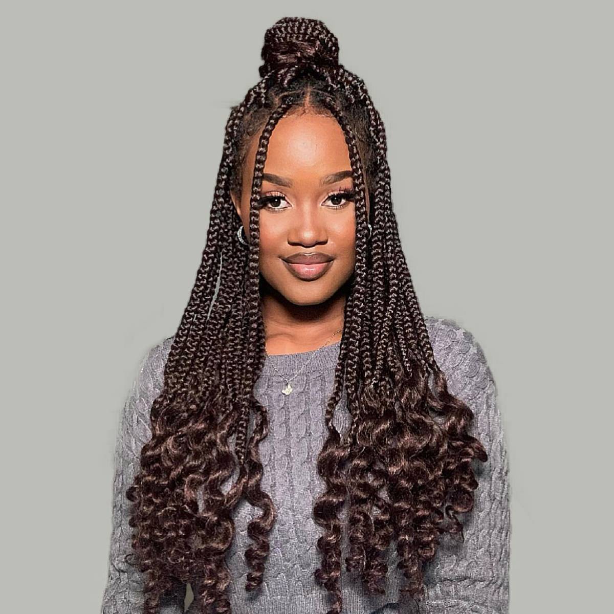 Dark Brown Box Braids With Curly Ends Dark Brown Box Braids With Curly Ends — Classy Peekaboo Braids