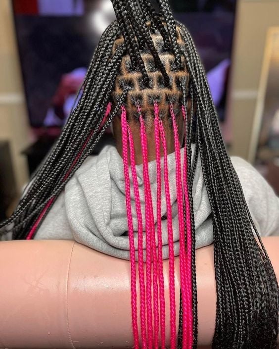 Black Box Braids With Hot Pink Peekaboo, Mid-Back Black Box Braids With Hot Pink Peekaboo, Mid-Back — Classy Peekaboo Braids
