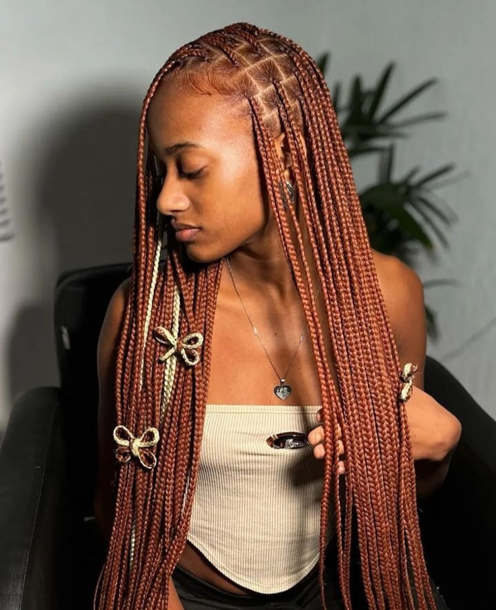 Copper Brown Box Braids With Blonde Accents Copper Brown Box Braids With Blonde Accents — Classy Peekaboo Braids