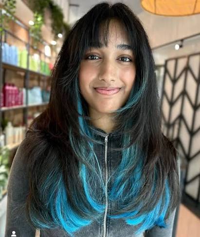 Long Layered Hair With Full Bangs And Blue Peekaboo — Classy Peekaboo Hair