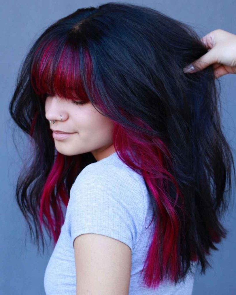Collarbone Layers With Full Bangs And Pink Peekaboo — Classy Peekaboo Hair