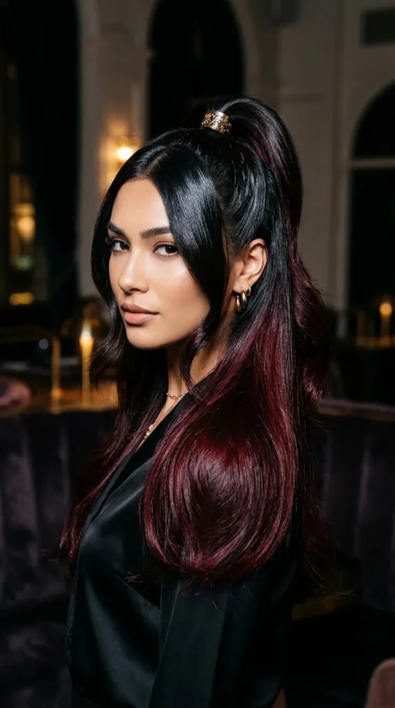 Long Layers With Side Bangs And Red Peekaboo — Classy Peekaboo Hair