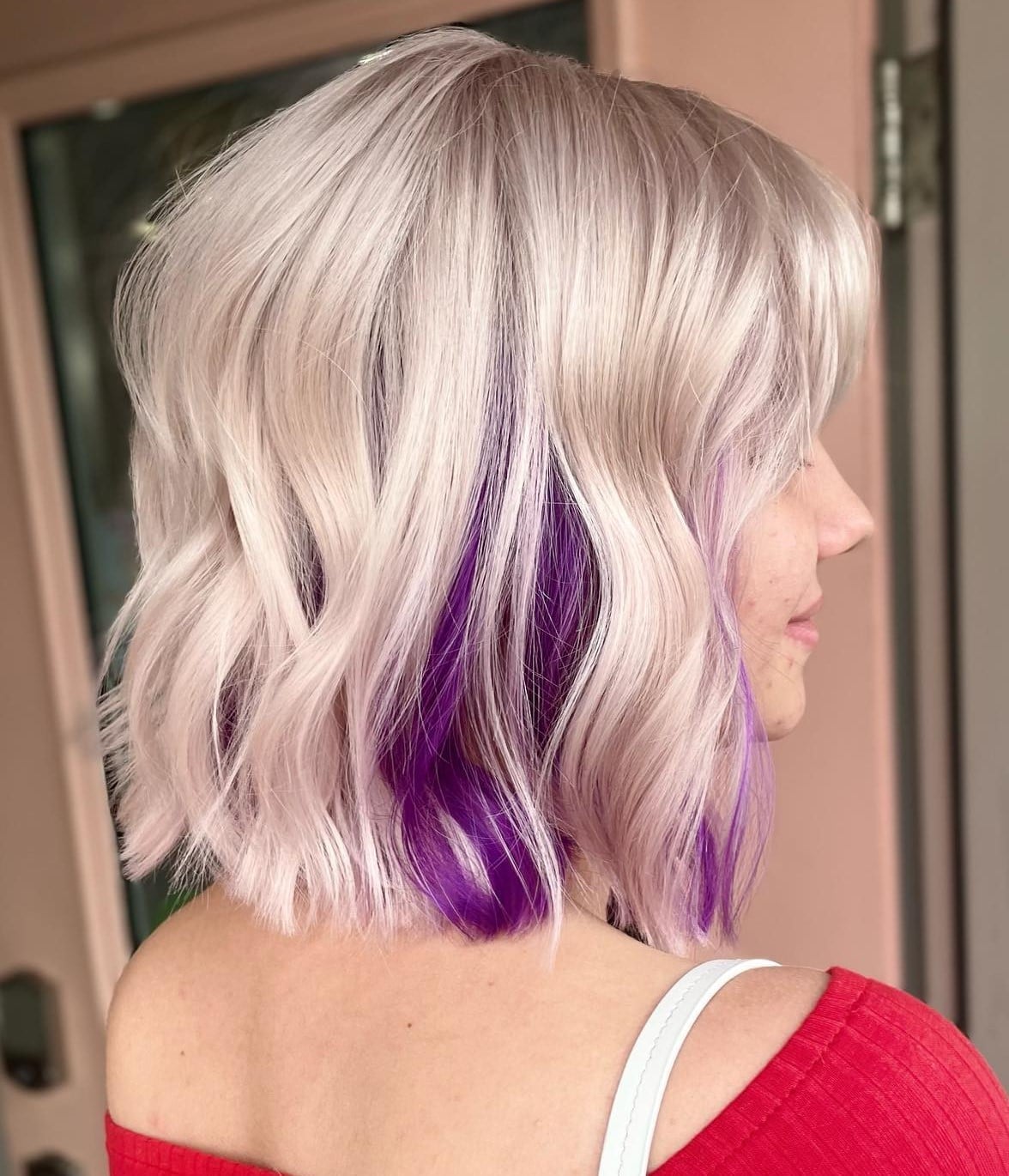 Chin Bob With Loose Waves And Purple Peekaboo — Classy Peekaboo Hair