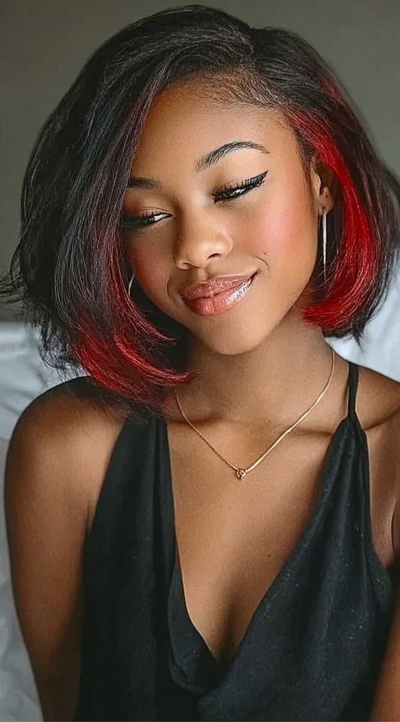 Chin Blunt Bob With Side-Swept Bangs And Red Peekaboo — Classy Peekaboo Hair