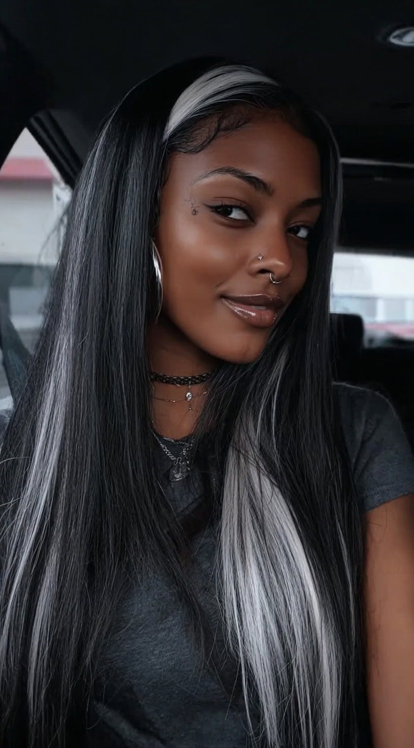 Mid-Back Waves With Curtain Bangs And Platinum Peekaboo — Classy Peekaboo Hair