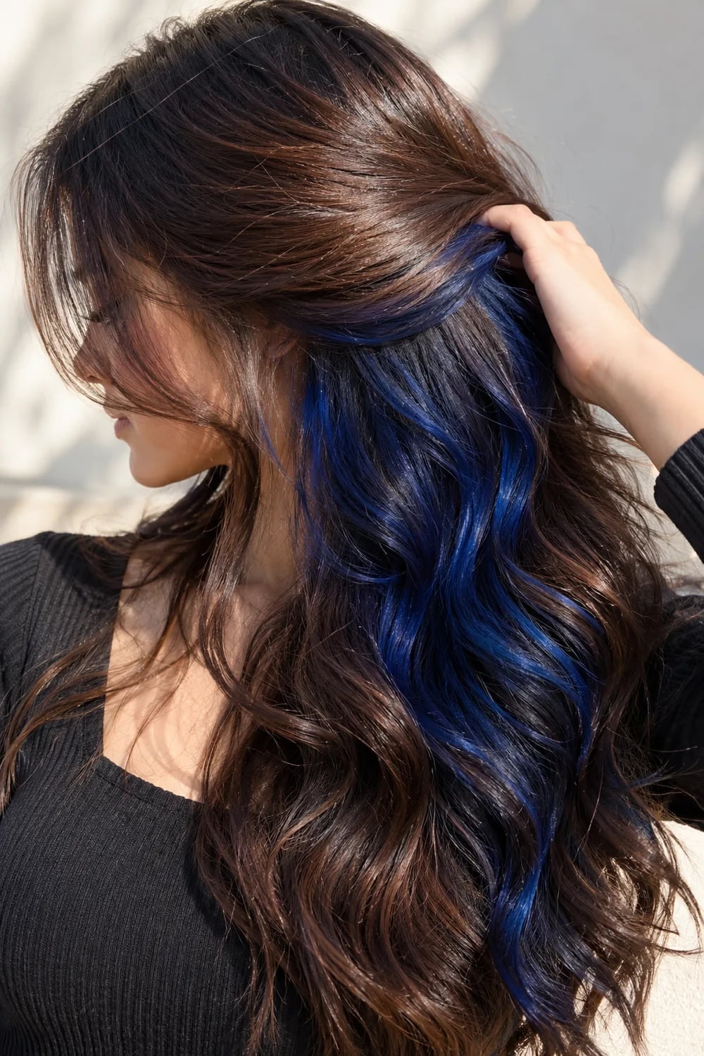 Mid-Back Waves With Side Part And Blue Peekaboo — Classy Peekaboo Hair