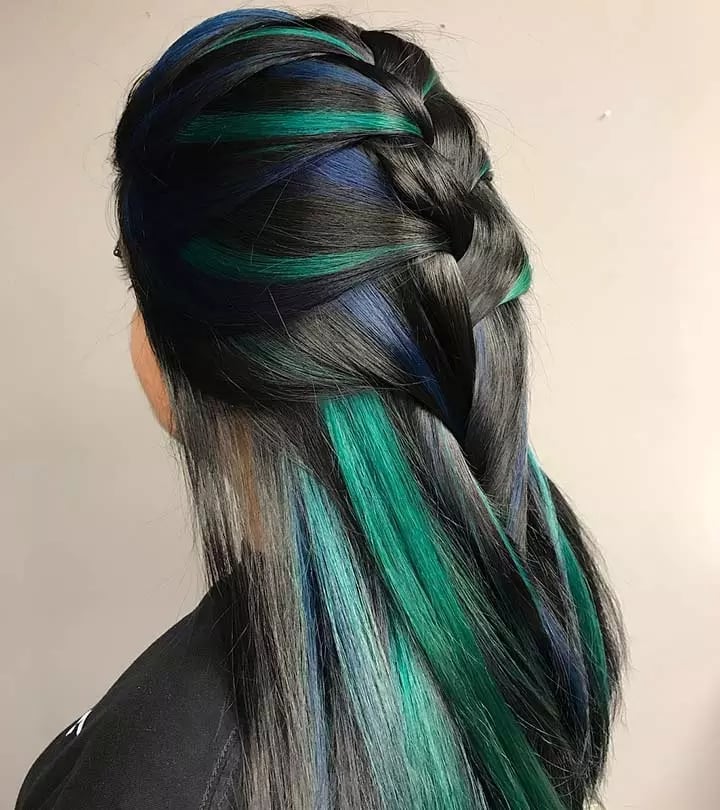 Long Straight Hair With Blue Green Peekaboo Streaks — Classy Peekaboo Hair