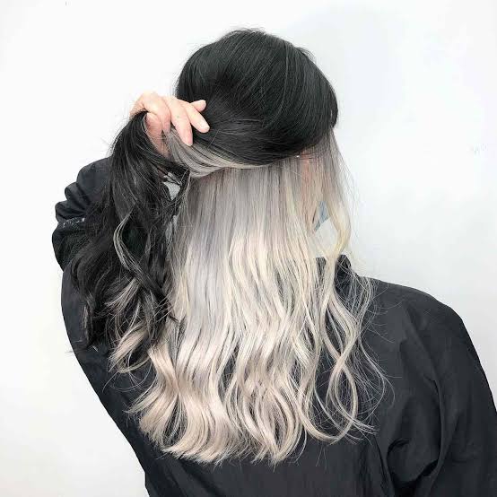 Mid-Back Layers With Blonde Grey Peekaboo, Straight — Classy Peekaboo Hair