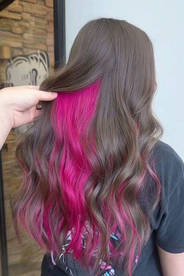 Mid-Back Waves With Hot Pink Peekaboo — Classy Peekaboo Hair