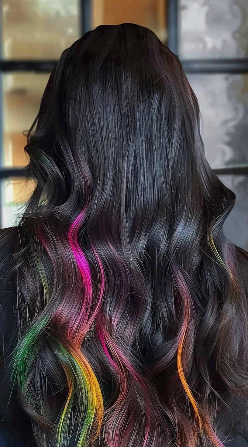 Mid-Back Black With Rainbow Peekaboo Highlights — Classy Peekaboo Hair