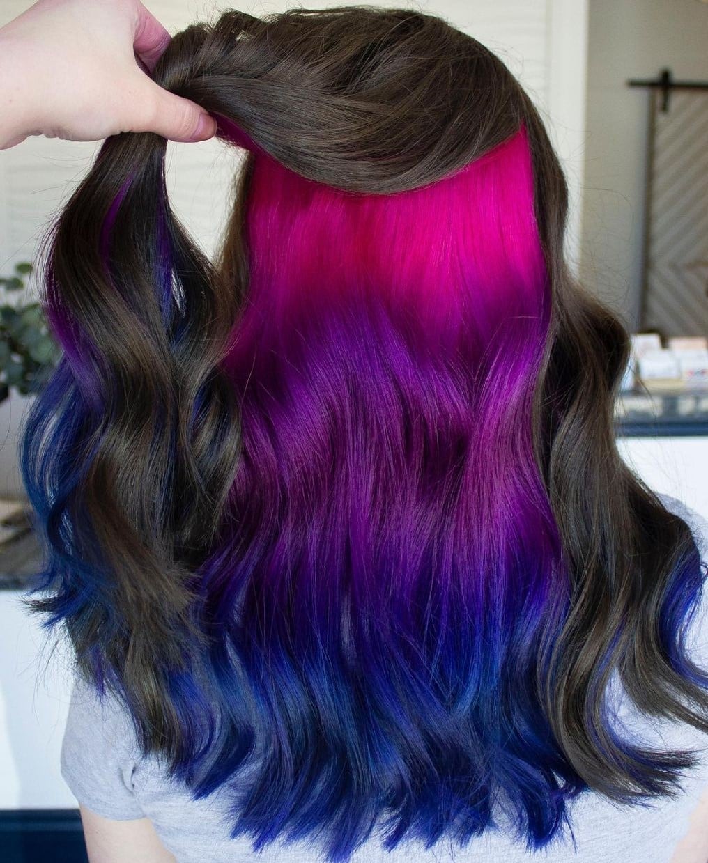 Long Layers With Pink Blue Gradient Peekaboo — Classy Peekaboo Hair