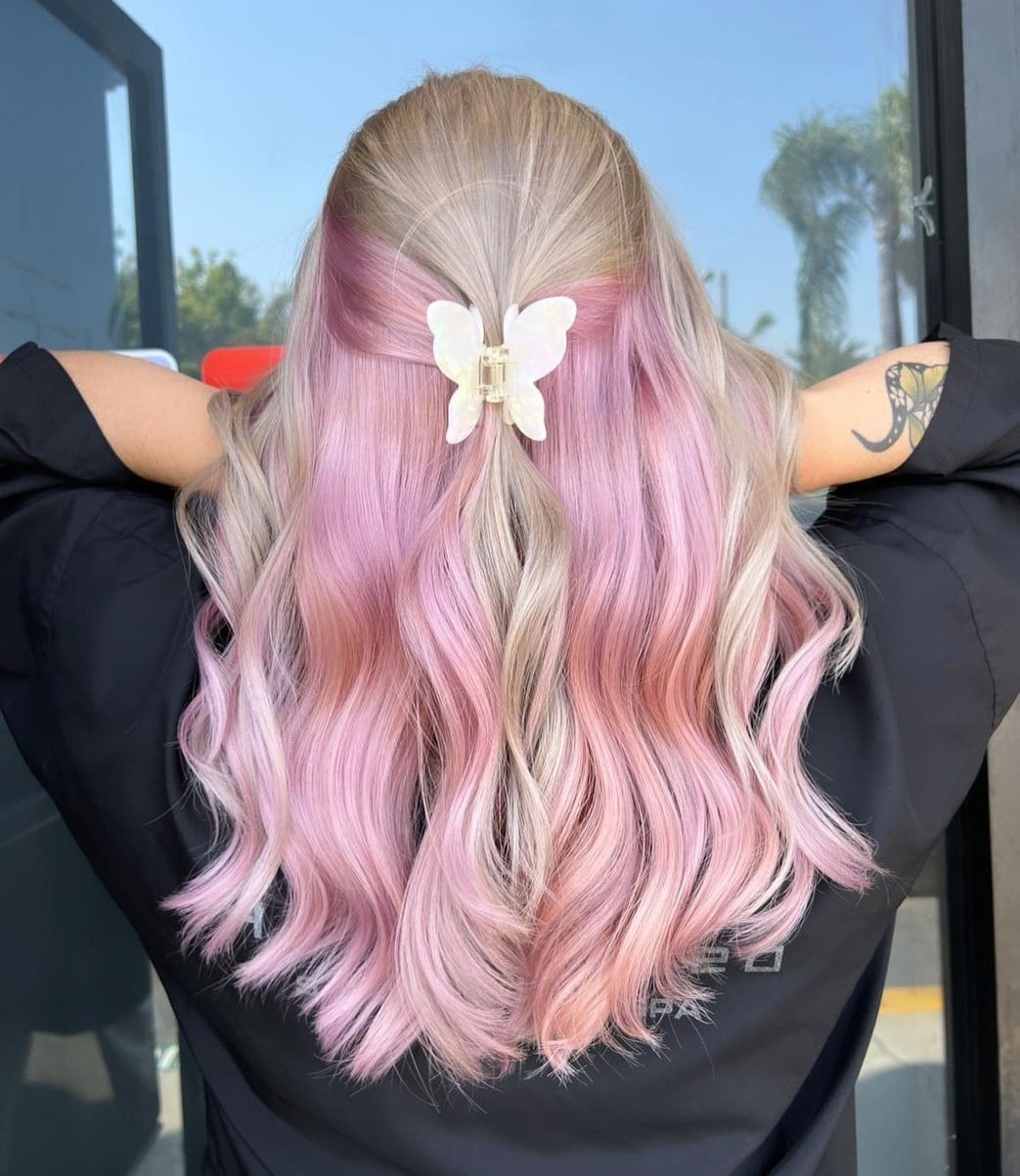Collarbone Layers With Curtain Bangs And Pink Lavender Peekaboo — Classy Peekaboo Hair