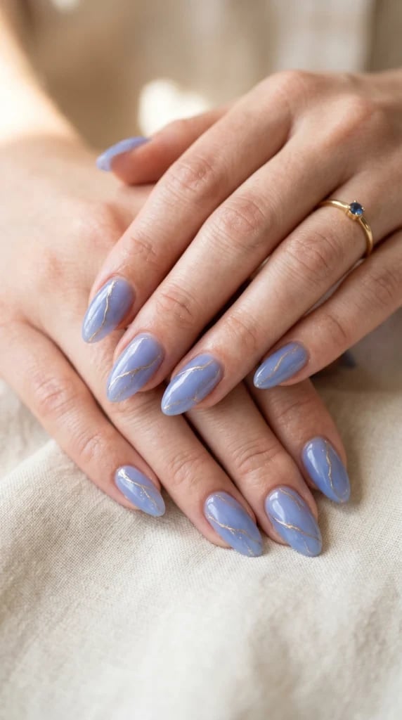 Gold Swirl Periwinkle Almond Nails Gold Swirl Periwinkle Almond Nails — Classy Periwinkle Nails