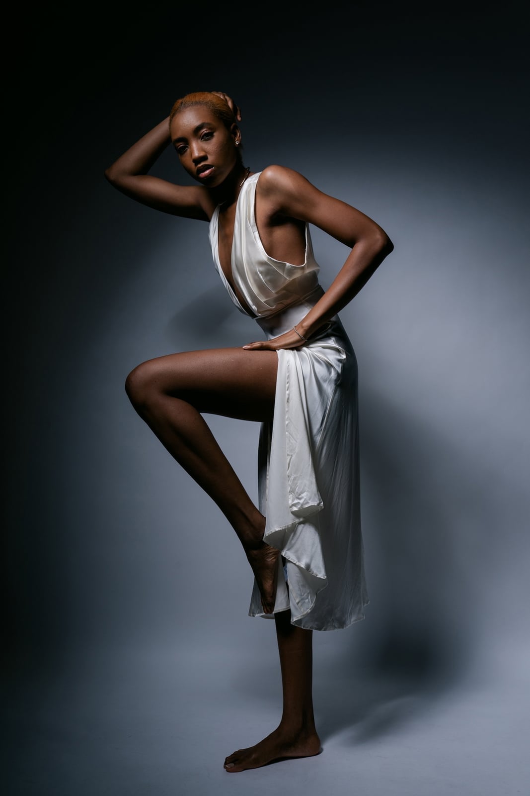 Off-White Satin Deep V-Neck Maxi Dress — Classy Photoshoot Dress