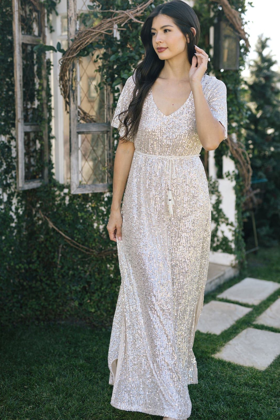 Silver Sequined A-Line Maxi Dress — Classy Photoshoot Dress