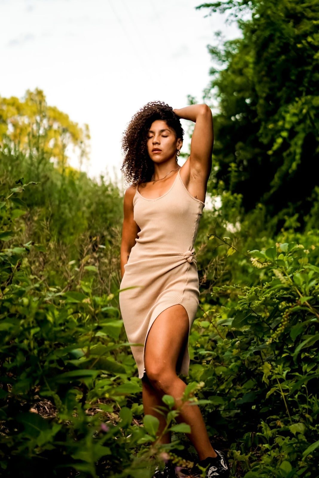 Beige Ribbed Knit Midi Dress with High Slit — Classy Photoshoot Dress