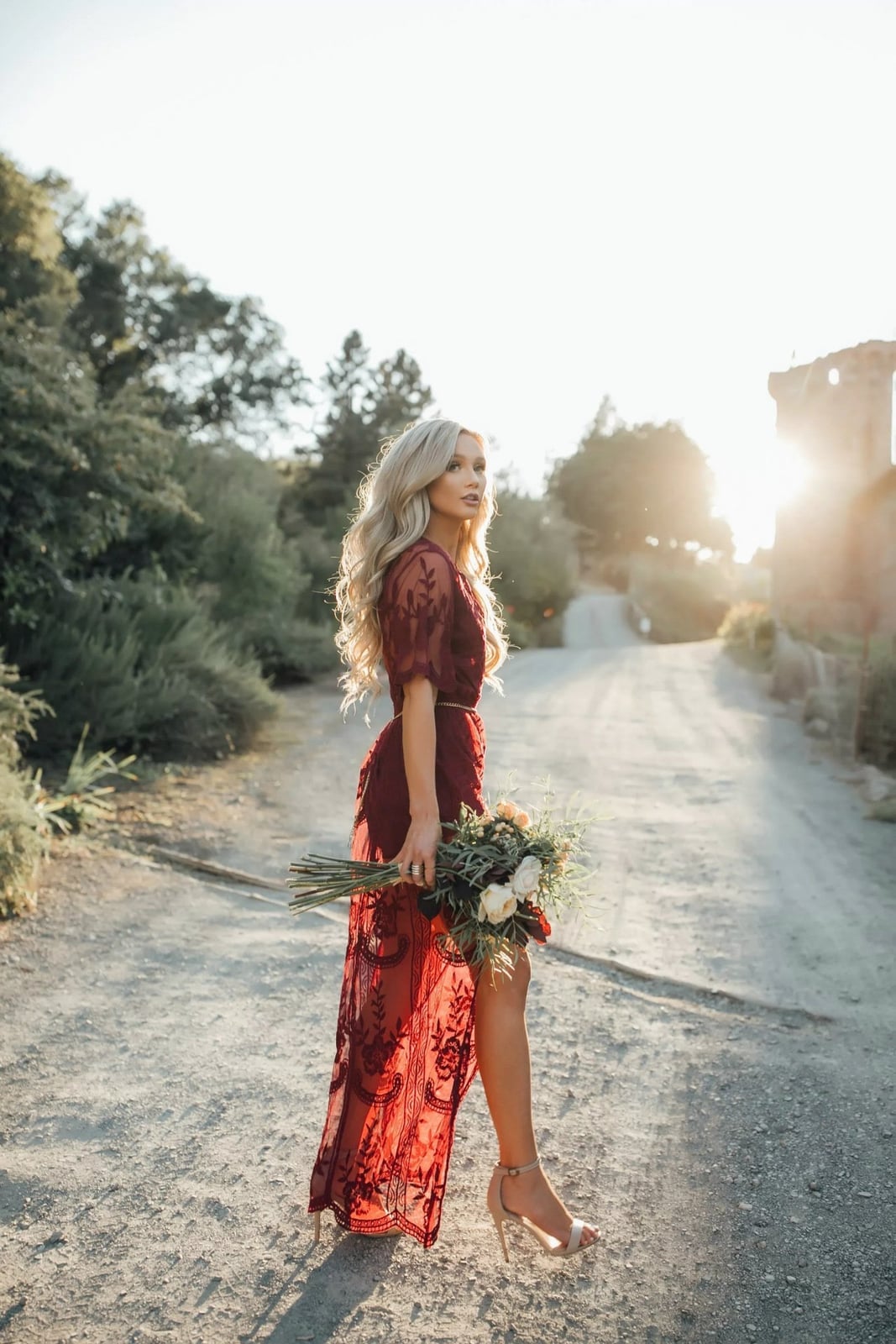 Deep Red Lace Maxi Dress with Sheer Elements — Classy Photoshoot Dress