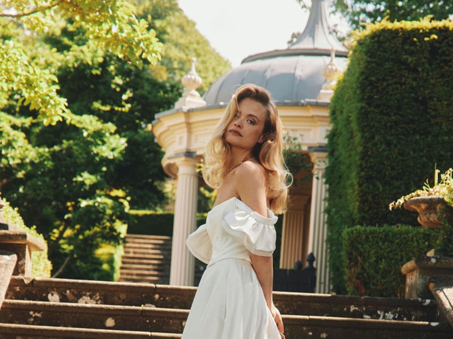 White Textured A-Line Dress with Puff Sleeves — Classy Photoshoot Dress
