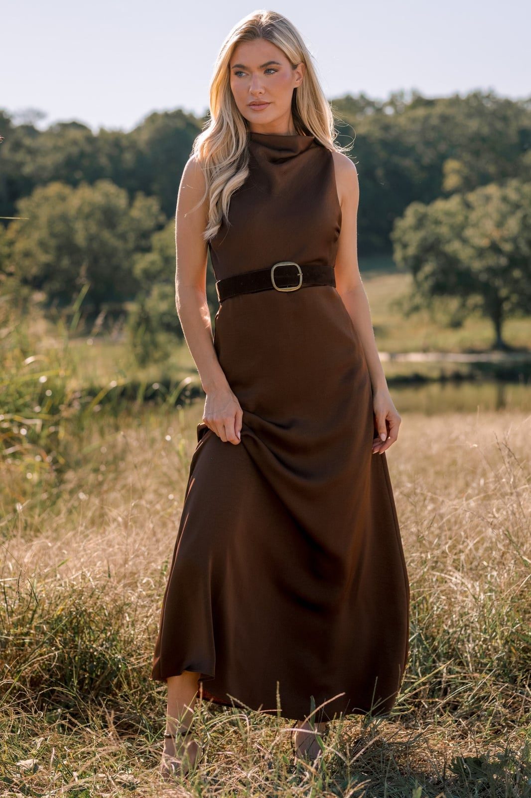 Brown Satin Mock Neck Maxi Dress — Classy Photoshoot Dress