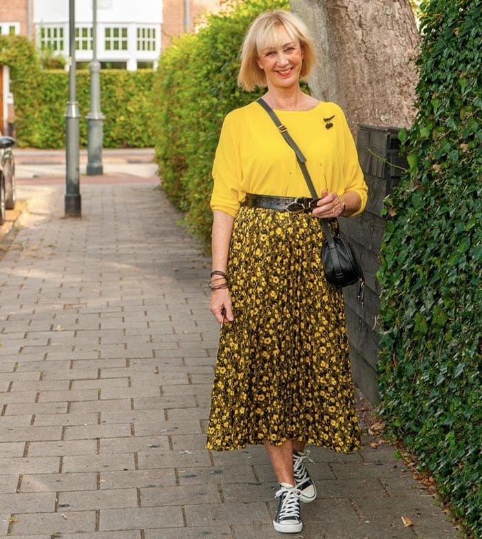 Yellow Sweater with Black Floral Print Midi Skirt — Classy Picnic Outfit