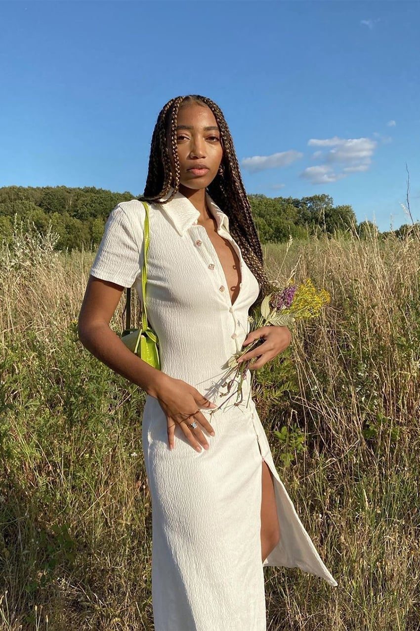 White Textured Shirt Dress with Green Crossbody Bag — Classy Picnic Outfit
