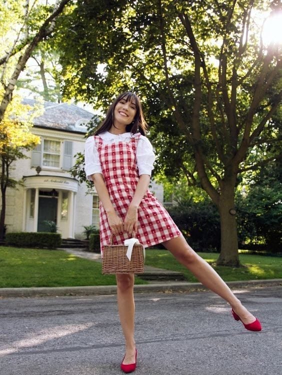 Gingham Pinafore Dress with Puff-Sleeve Blouse — Classy Picnic Outfit