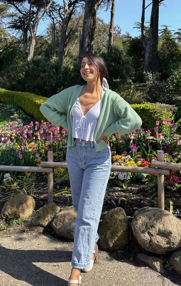 Green Knit Cardigan Over White Camisole and Jeans — Classy Picnic Outfit