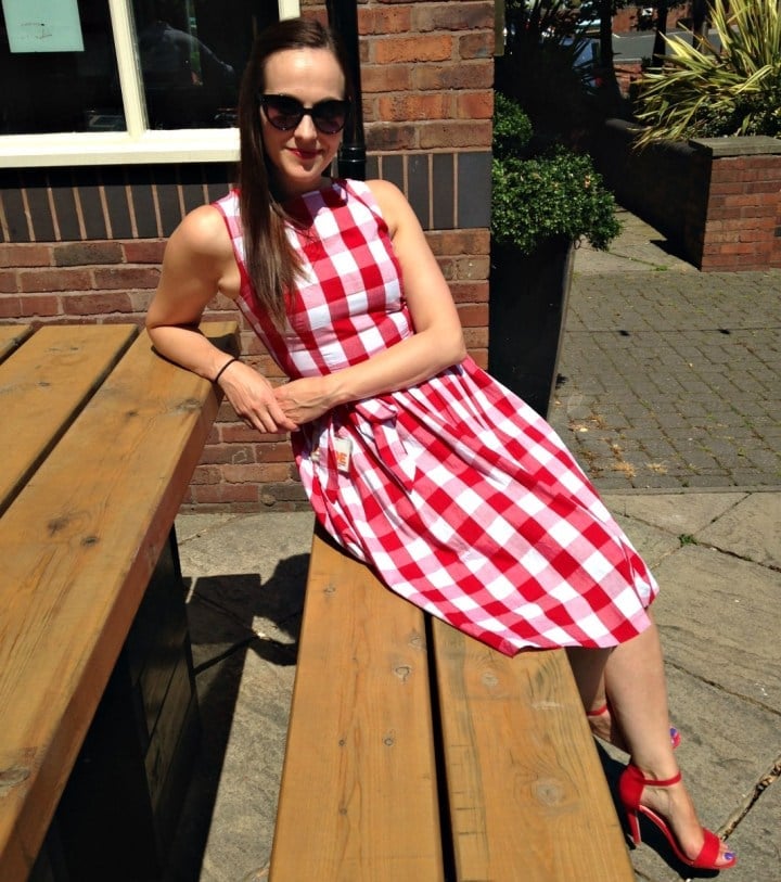 Red and White Gingham Midi Dress with Ankle-Strap Sandals — Classy Picnic Outfit