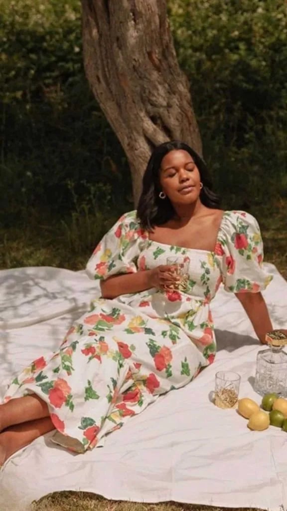 White Floral Print Midi Dress with Puff Sleeves — Classy Picnic Outfit