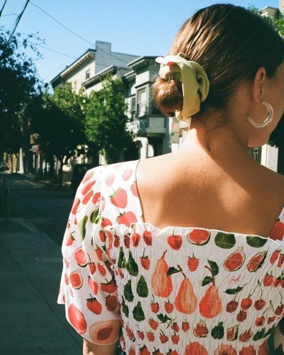 Smocked Fruit Print Top with Hoop Earrings — Classy Picnic Outfit