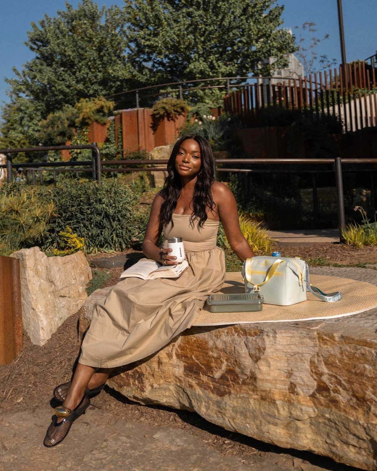 Strapless Beige Midi Dress with Mesh Flats — Classy Picnic Outfit