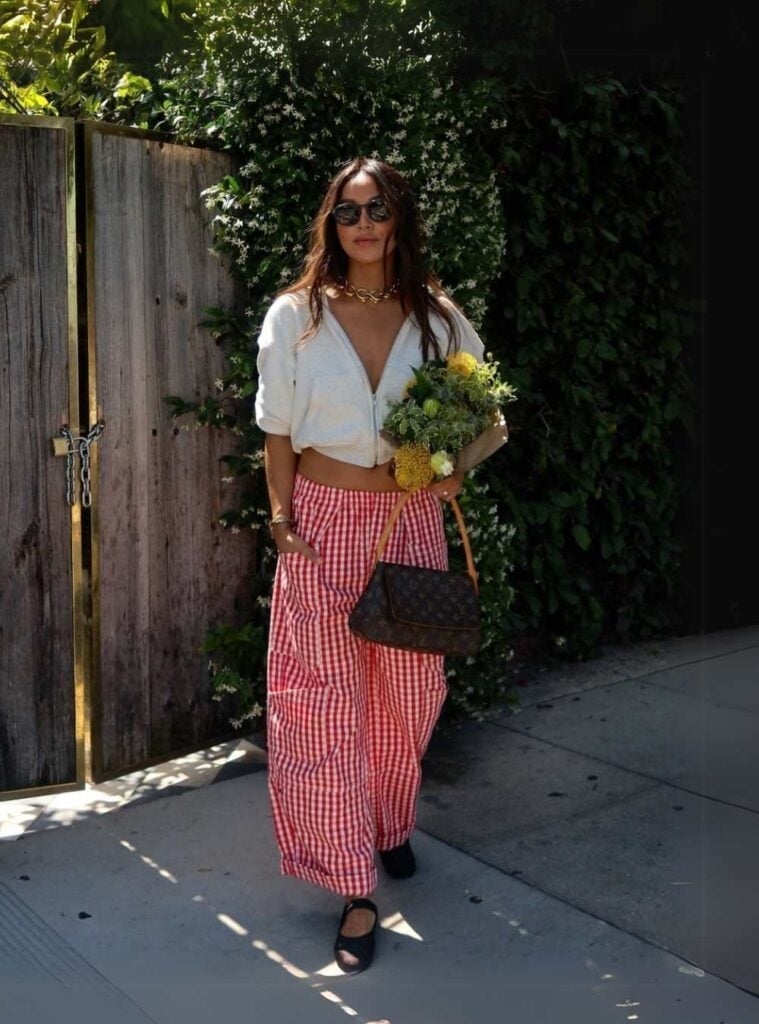 Grey Zip-Up Hoodie with Red Gingham Wide-Leg Pants — Classy Picnic Outfit