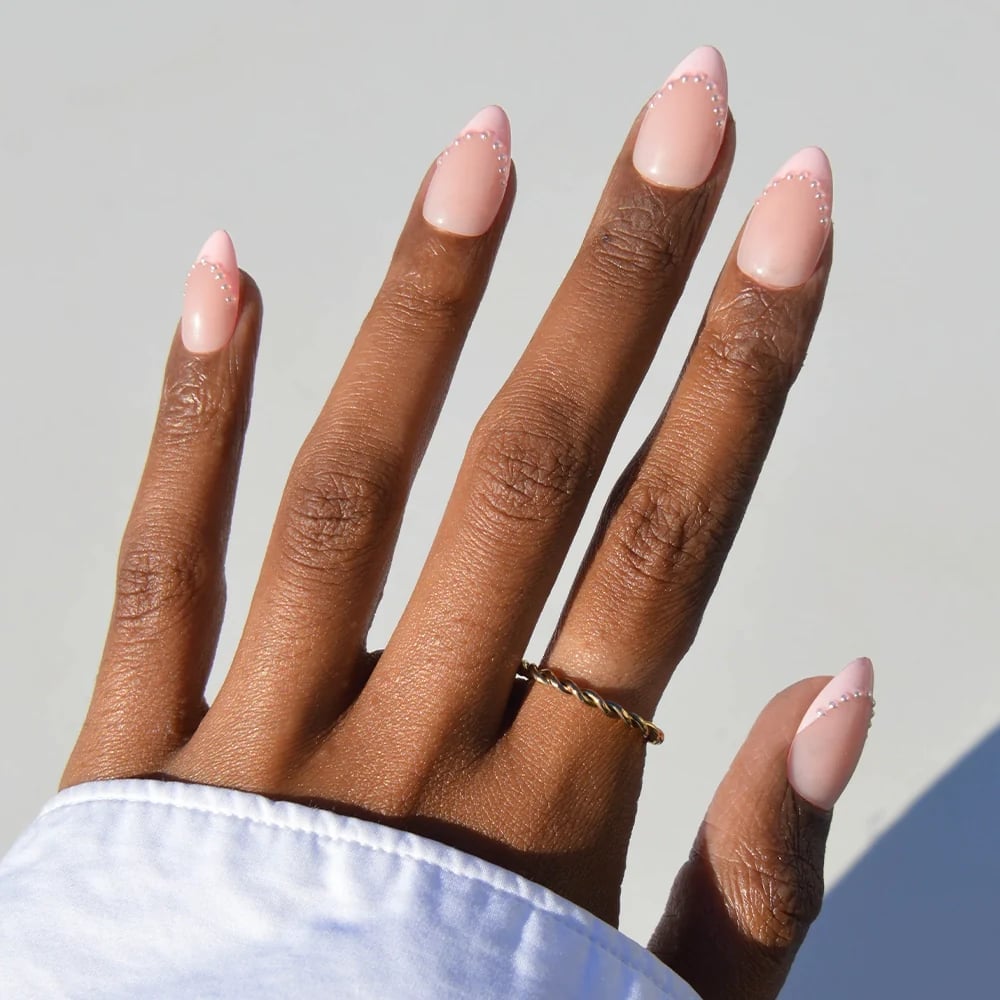 Pink Almond With White Dot French Detail — Classy Pink Almond Nails